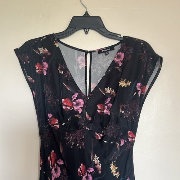 Madewell Belinda Pink Black Floral Midi Dress V-Neck Flutter Sleeves Size 00 - Picture 3 of 12